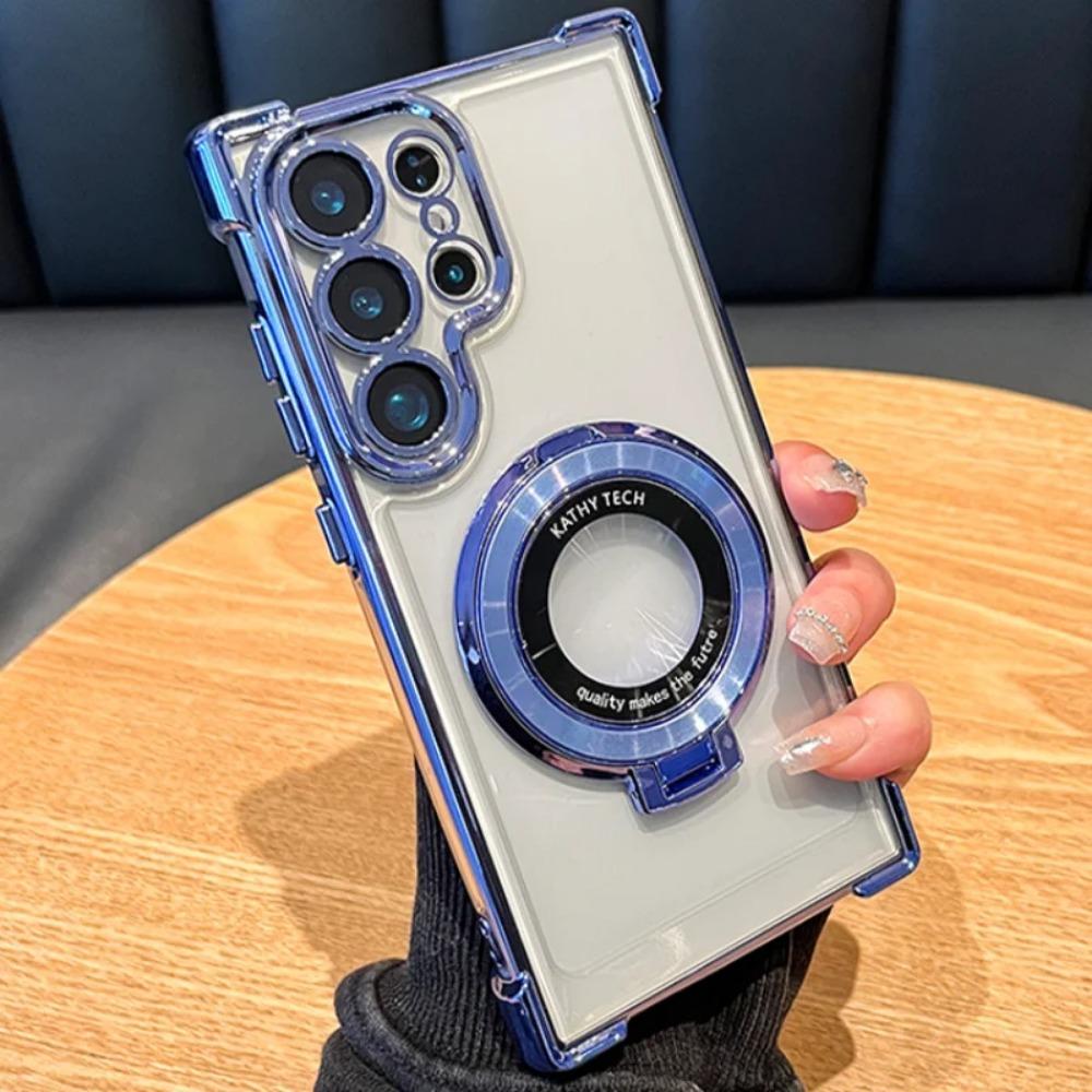 Samsung Galaxy S25 S24 Ultra S23 S22 S21 Plus Note20  Acrylic Back Cover Luxury Magnetic Plating Stand Shockproof Clear Case