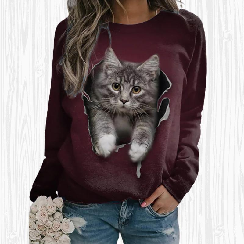 Women Autumn Tops Loose Cat A Lovely Cat Print Causal Long Sleeve T-shirt Top Blouse