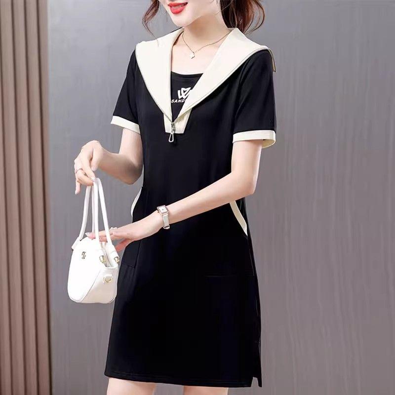 Летнее миди-платье с матросским воротником, на молнии, с коротким рукавом, женская одежда, повседневное, с карманами, пэчворк, базовое, однотонное, А-силуэта