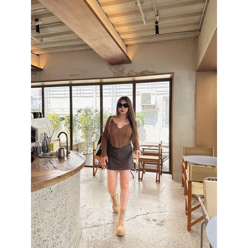 30% Off Miss Biggie Fashion Plus Size Figure Flattering Slim-Fit Versatile Seam Exposed Long Sleeves T-shirt Short Top