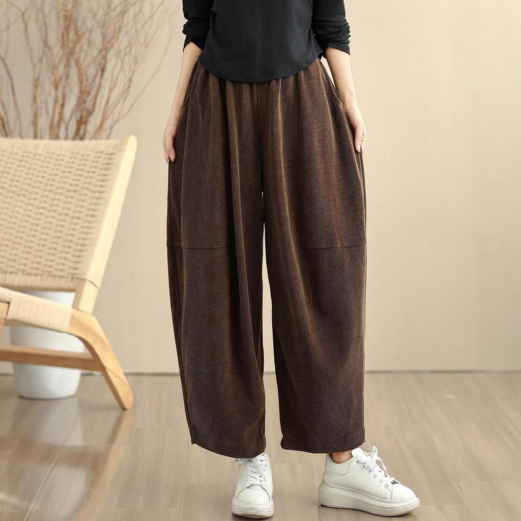 Вельветовые больших размеров Винтажные с высокой талией повседневные свободные Весенне-осенние Брюки-шаровары Женские брюки