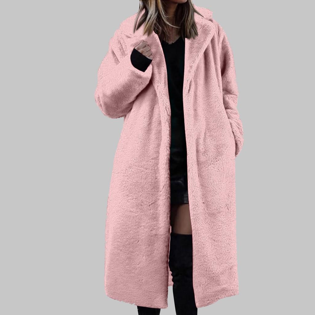 Women's Long Solid Color Fashionable Winter Loose Flip Collar Plush Jacket