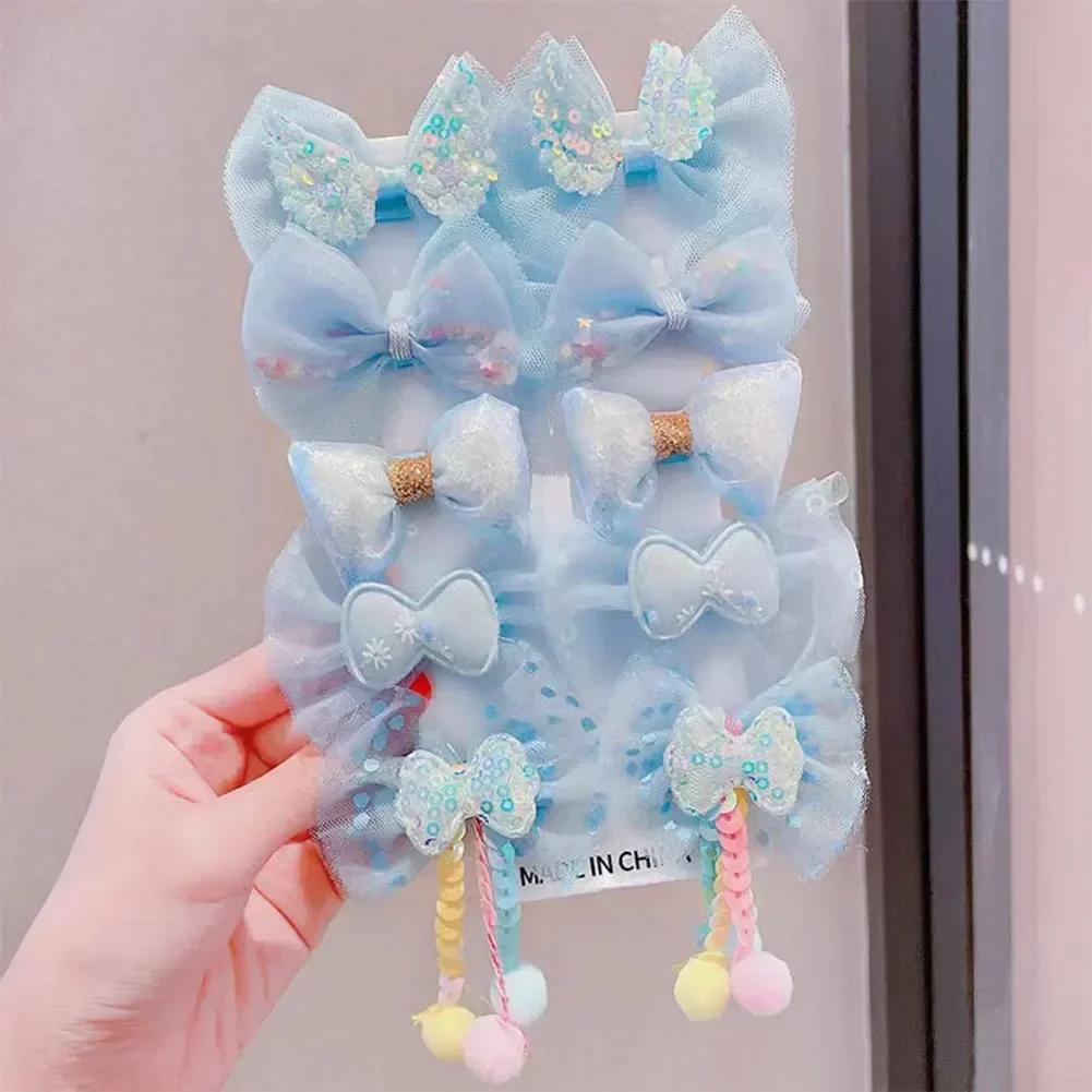 10pcs/set Mesh Bowknot Flower Hair Clips Sweet Cute Children Colorful Hairpin Headwear Hair Accessories