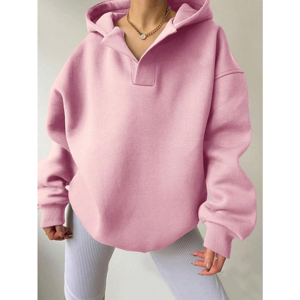 Women's Notch Hood Long Sleeve Sweatshirt Oversized Fit Casual Solid Polyester Pullover Hoodie