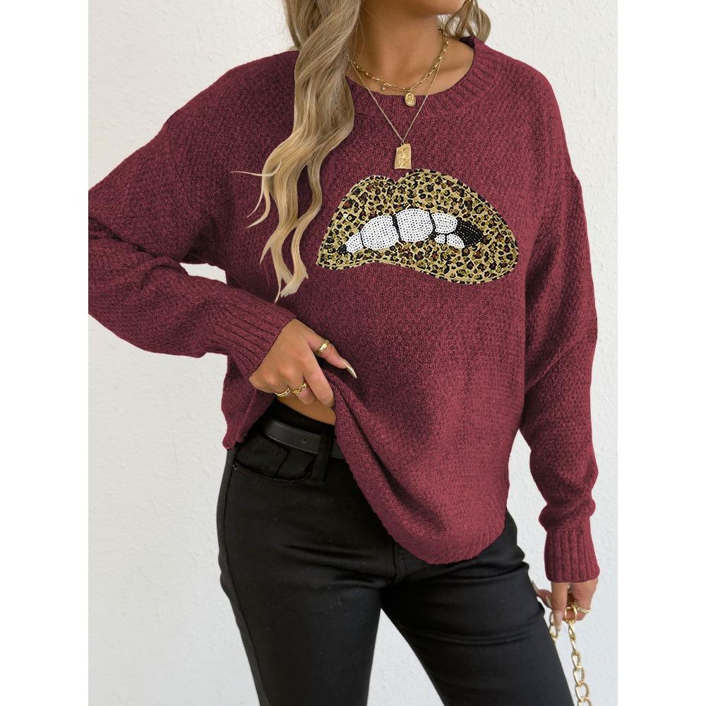A Leopard Print Embroidered Sequined Lip Personalized Round-neck Pullover Sweater for Women