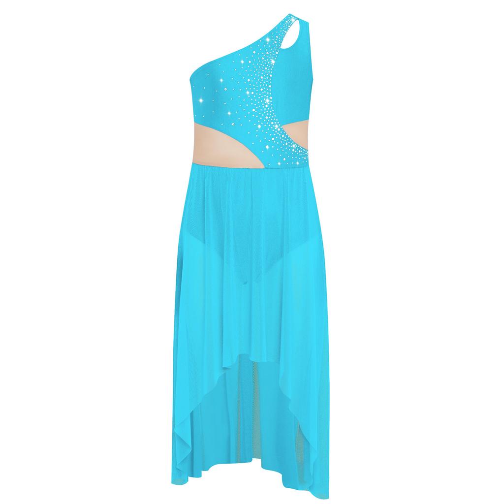 Девочки Лирический Танцевальный Костюм Блестящие Стразы Одно Плечо Без Рукавов Вырез Высокий Низ Легкое Сетчатое Платье Танцевальная Одежда