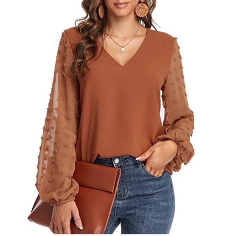 Женская одежда Рубашка с V-образным вырезом Повседневная однотонная рубашка для весны и осени