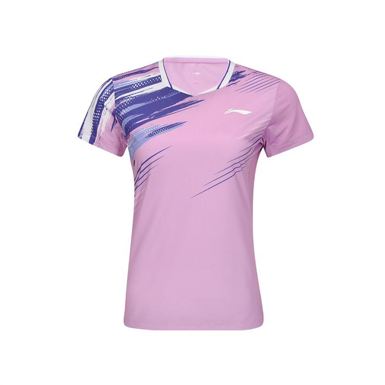 Li Ning Серия Бадминтон Принт Граффити Буквы V-образный вырез Футболка с коротким рукавом Женские топы Светло-голубой Фиолетовый AAYV048-4