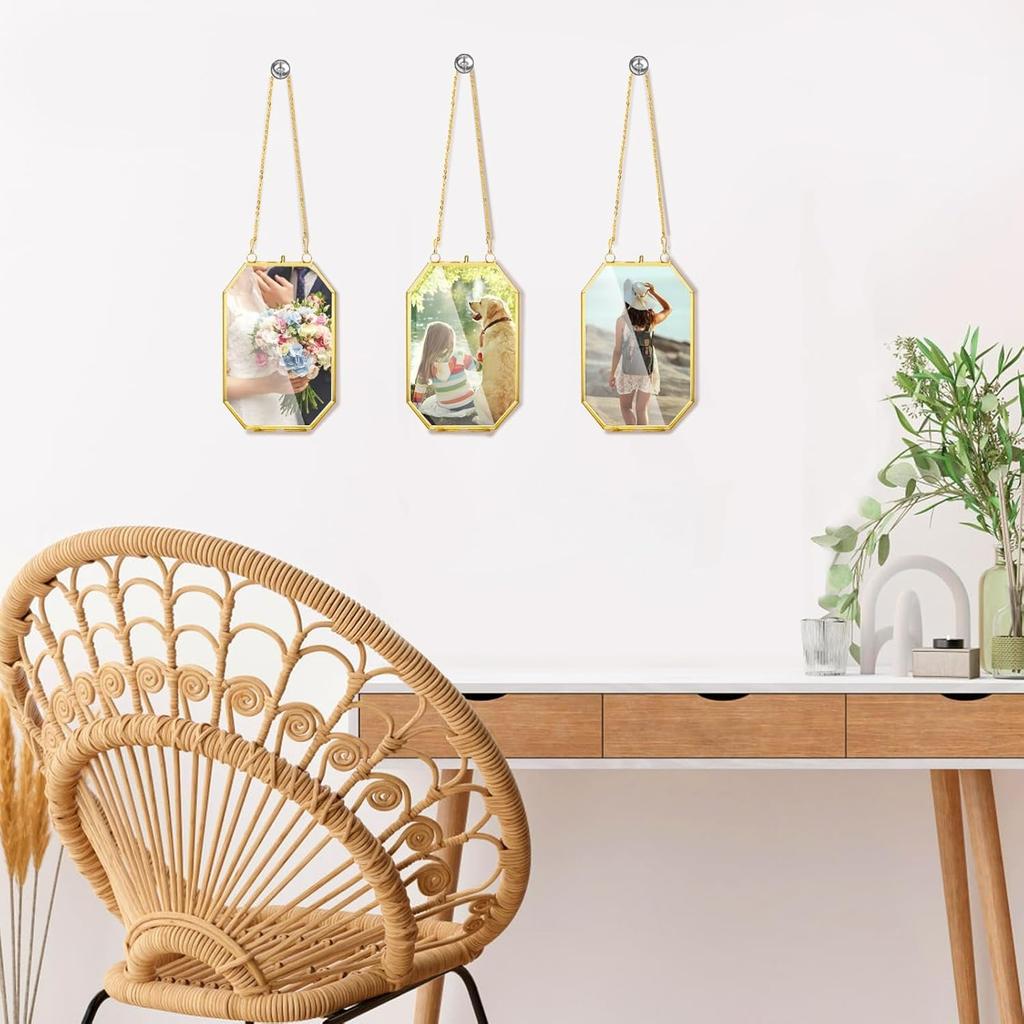 3 Pressed Flowers Glass Frames,Small Brass Floating Frame with Chain,Clear DIY Handmade Home Wall Decor for Displaying Artwork Dried Plant Specimen