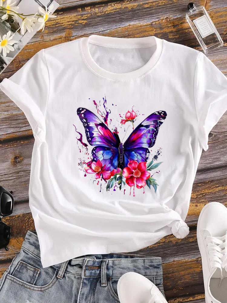 (Asian Size) Lovely Flower Trend Cute Short Sleeve T Shirt Casual Tee Top Fashion Women Clothing Printed O-neck Ladies Female Graphic T-shirts