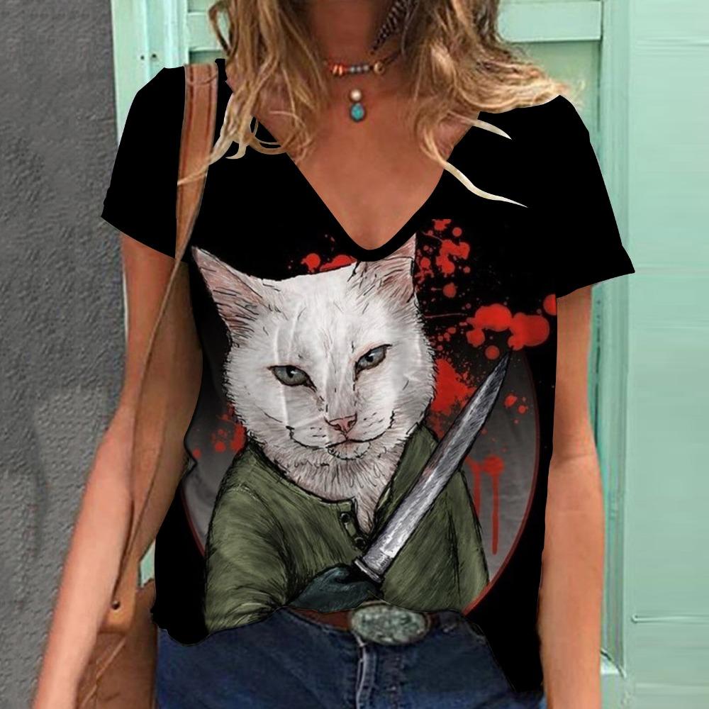 Модная женская футболка с рисунком кошки, короткий рукав, 3D-принт с изображением животных, футболка большого размера с V-образным вырезом, летняя женская одежда Y2k Harajuku