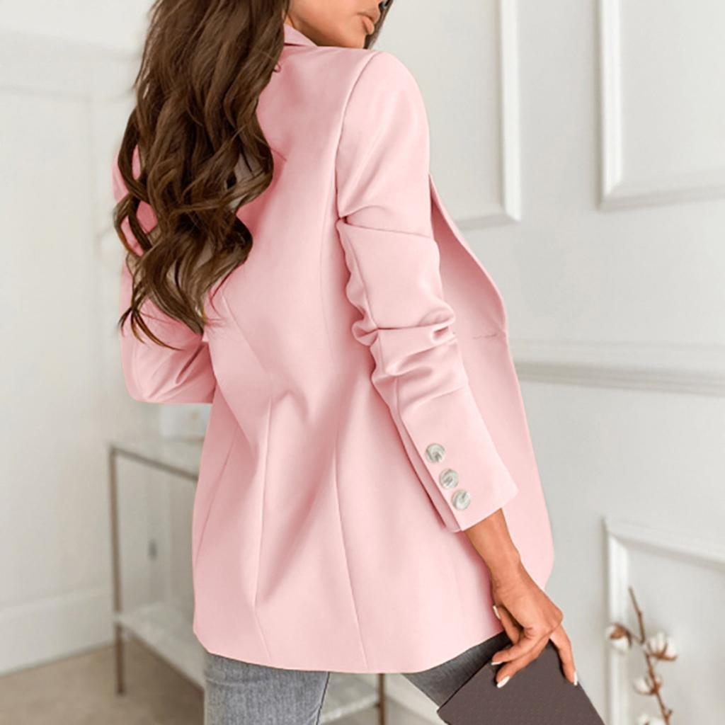 Women Solid Open Front Pockets Cardigan Formal Suit Long Sleeve Blouse Coat