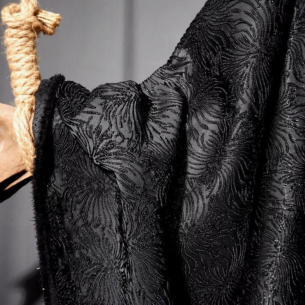 50x133cm Black Spider Lily 3D Embossed Textured Jacquard Fabric for DIY Handmade Suits and Designer Jacket Fabric