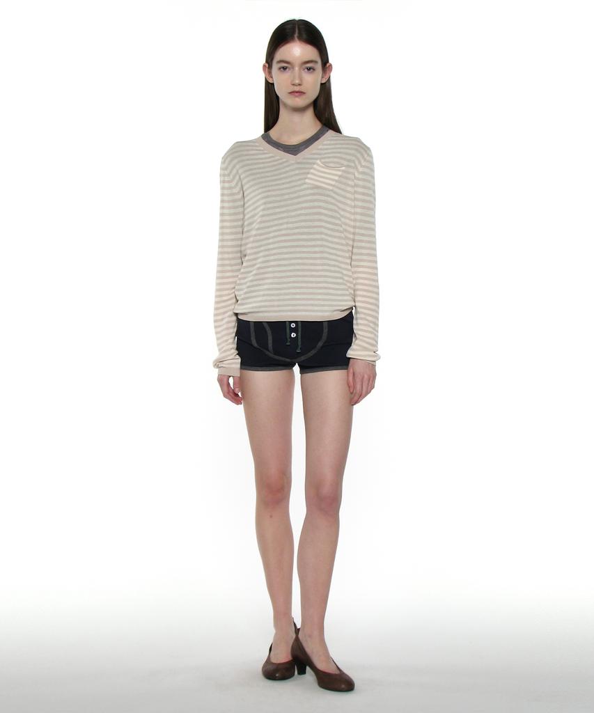 PARTIMENTO WOMEN Pwc Sheer V-Neck Knit Sweater_Beige Stripe