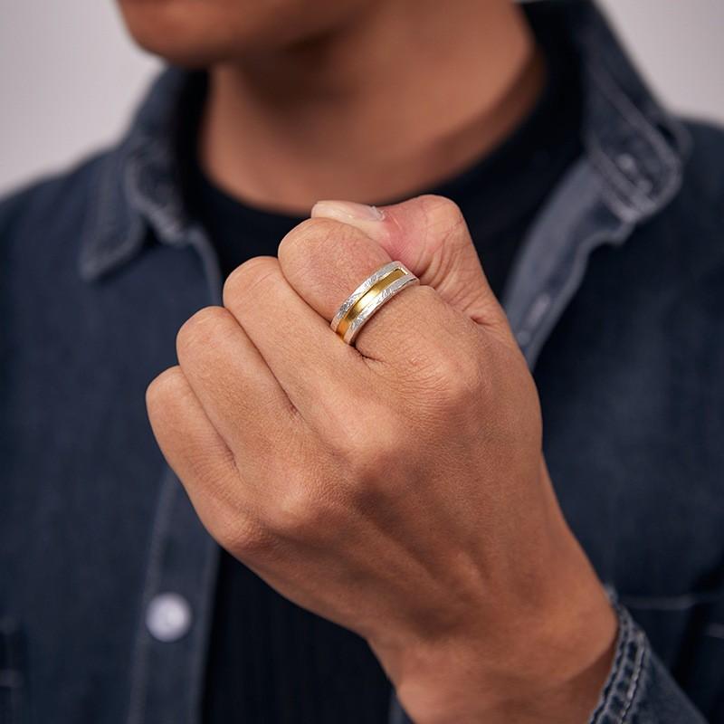 Adjustable Open Ring Men Women Sterling Enamel Geometric Design Minimalist Vintage Style