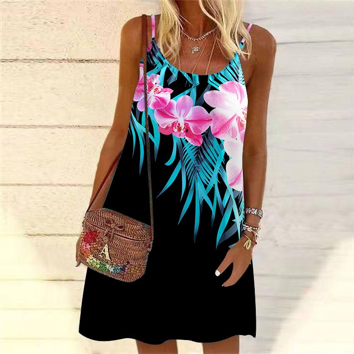 Женское мини-платье с гигантским цветочным принтом, без рукавов, вечернее платье, летнее пляжное платье, сарафан