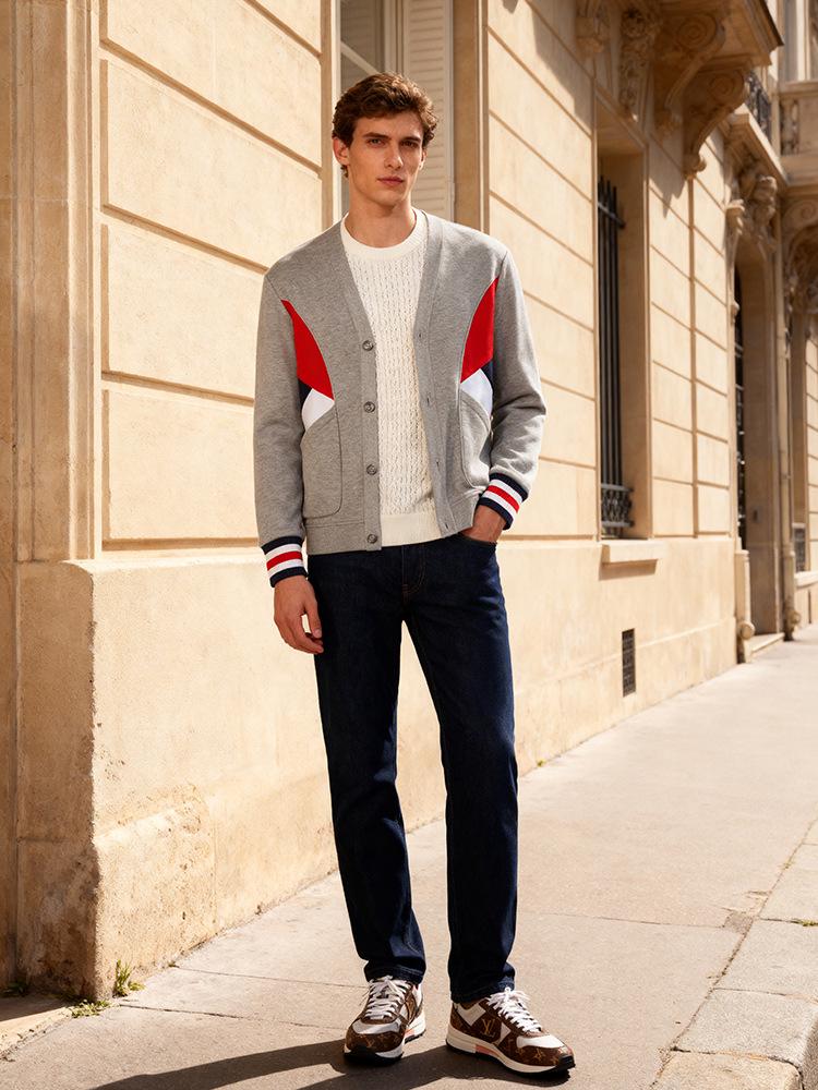 Хлопковый кардиган для весны и осени: Модная красно-бело-синяя куртка-пэчворк для пар (B05)