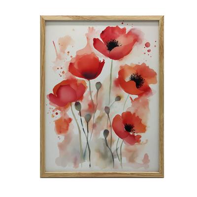 Красные Маки в Акварели Красные Маки в Акварели, 30x40 см, Деревянная Рама Светлый Дуб, Матовая Бумага 230 г/м²