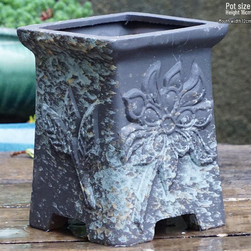 Yixing Handmade Square Mouth Coarse Pottery Planter - Large Succulent Flower Pot with Old Branch Design and Jade Pendant.