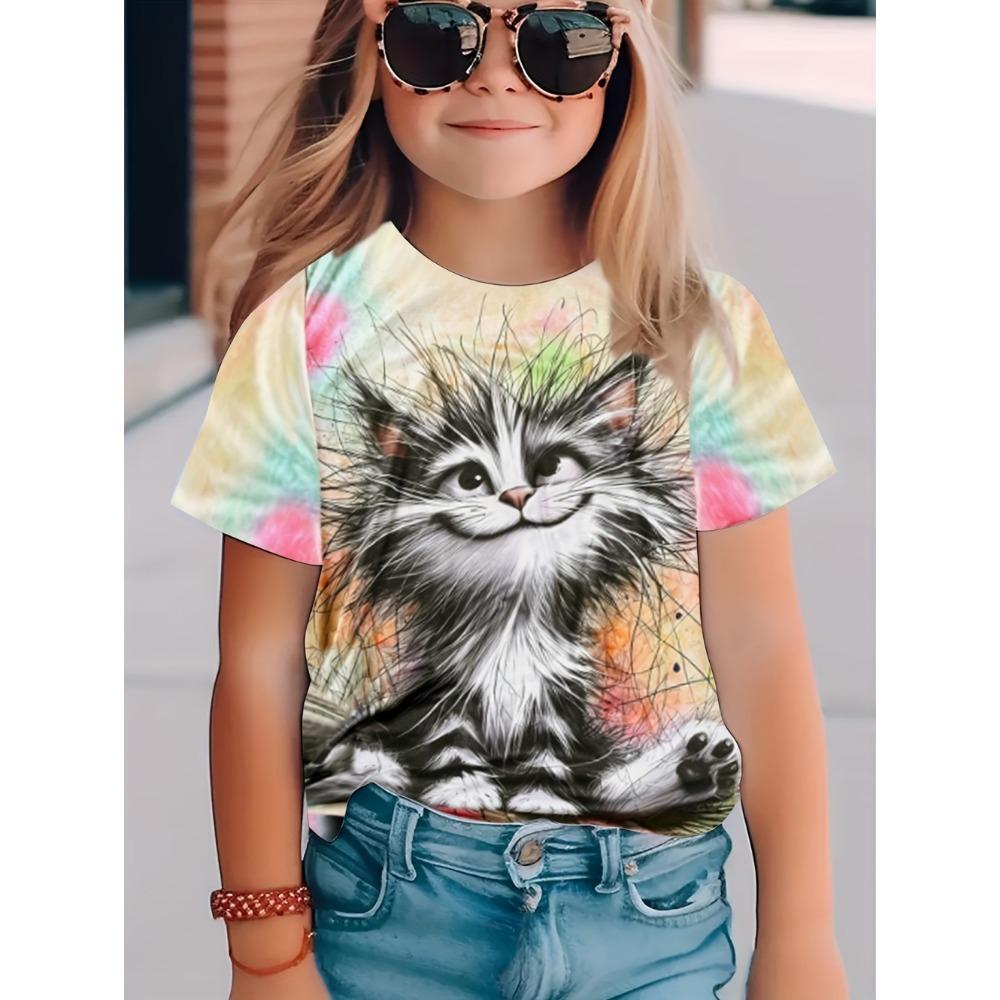 Girls' clothing 3D printed children's T-shirt round neck pullover, girls' short sleeved T-shirt, comfortable children's clothing