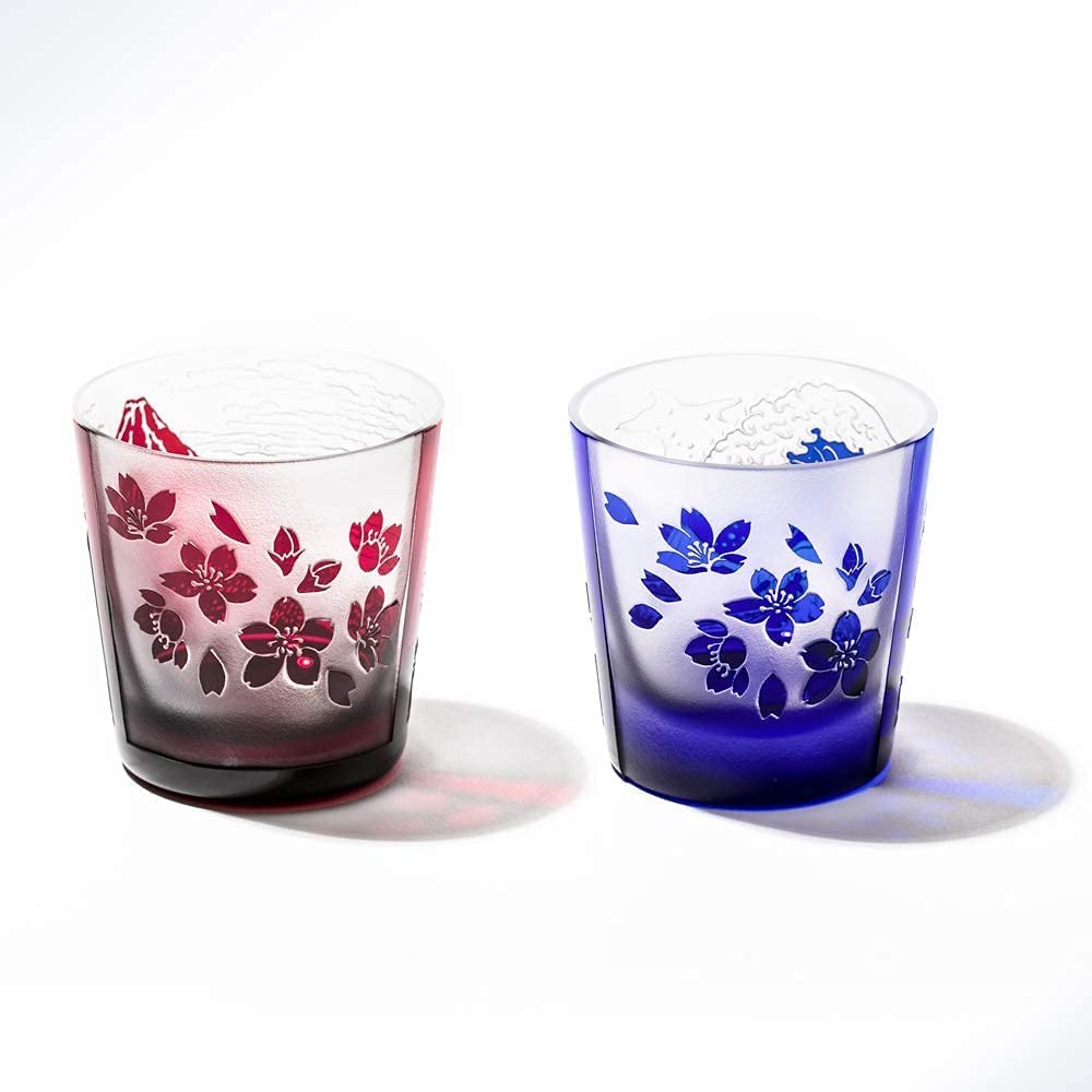 Kobo Edo Glass Red Fuji and Cherry Blossom Free Cup Pair Comes In a Presentation Box Made In Japan [Taimuro Official] Fuji/Nami (Red/Ruri)