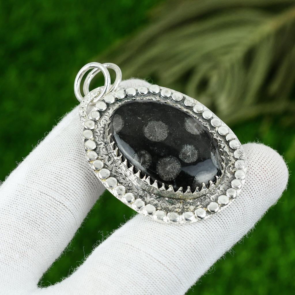 Natural Black Fossil Coral Gemstone 925 Sterling Silver Pendant For Women