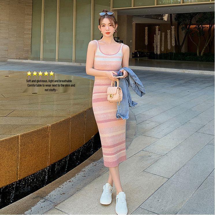 Women's Slim Fit Rainbow Stripe Knitted Spaghetti Strap Dress