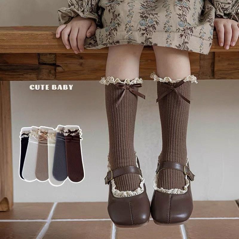 Милые детские носки принцессы для девочек в стиле ретро с кружевом и бантом, детские носки из мягкого хлопкового ворса для школы на весну и осень