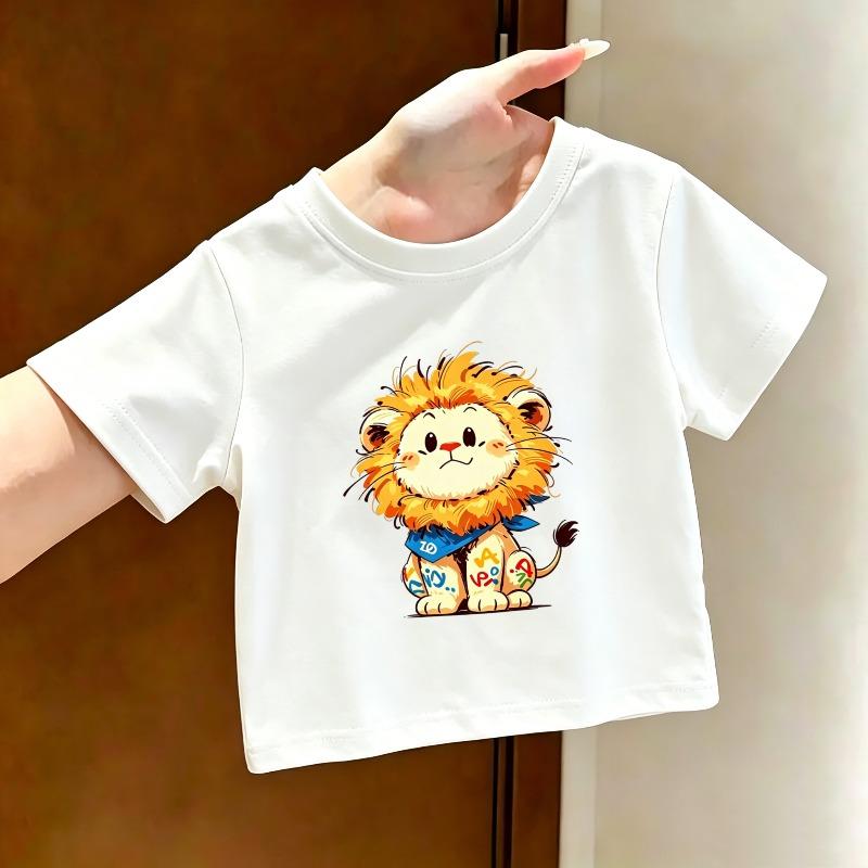 Retro Style Lion Print Children's T-shirt Summer New Fashion Trend Soft Skin Friendly Round Neck Parent-child Casual T-shirt