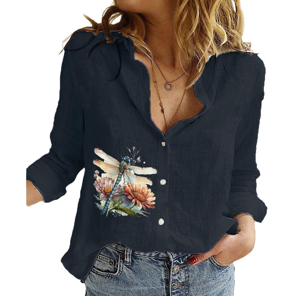 Женская мода Хлопково-льняная рубашка Лето/осень Топ с длинным рукавом Женские блузки с принтом