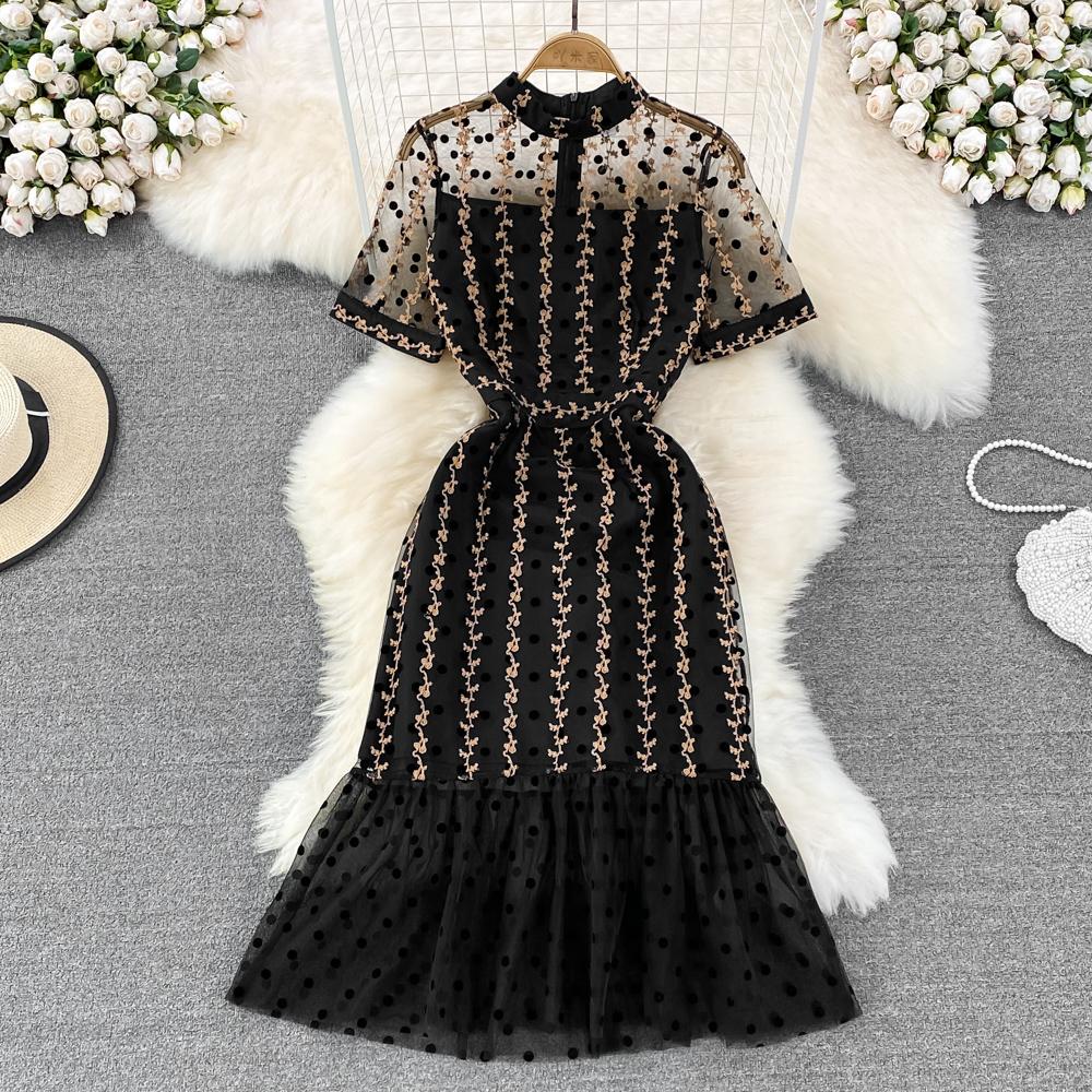 Summer Light Mature Style Socialite Wrap Hip Skirt Stand Up Collar Short Sleeved Fake Two Piece Medium Length Dress