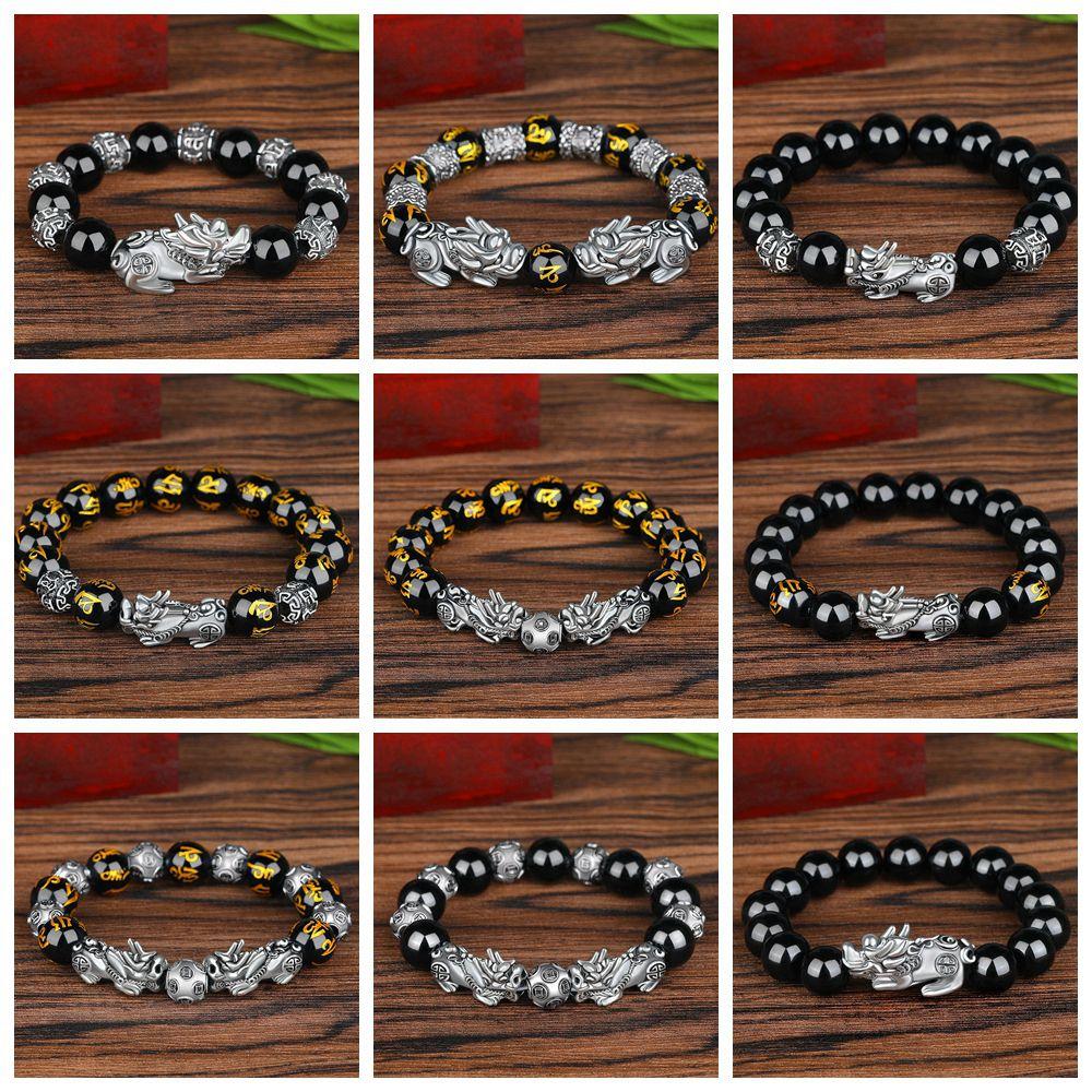 New Good Luck Cuff Bangle Attract Wealth Black Obsidian Wristband Feng Shui Bracelet Silver PiXiu
