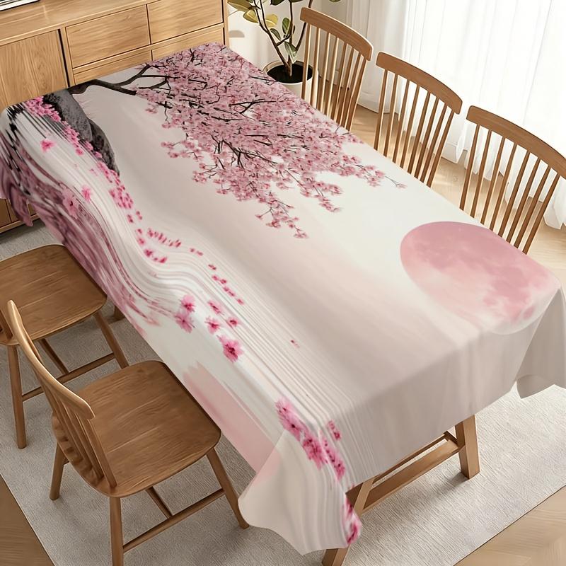 "Party Tablecloth/Tablecover" Serene Cherry Blossom Moon Tablecloth with Pink Sakura Flowers And Full Moon Reflection, Durable Polyester, No Electrici