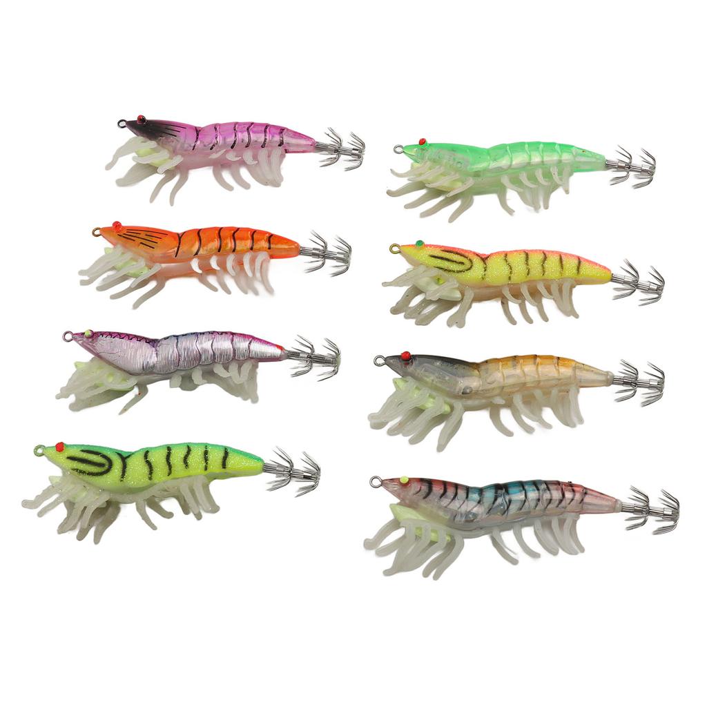 8pcs Shrimp Lures Luminous Silicone Realistic with Sound Beads Shrimp Baits for Squid Octopus 3.5