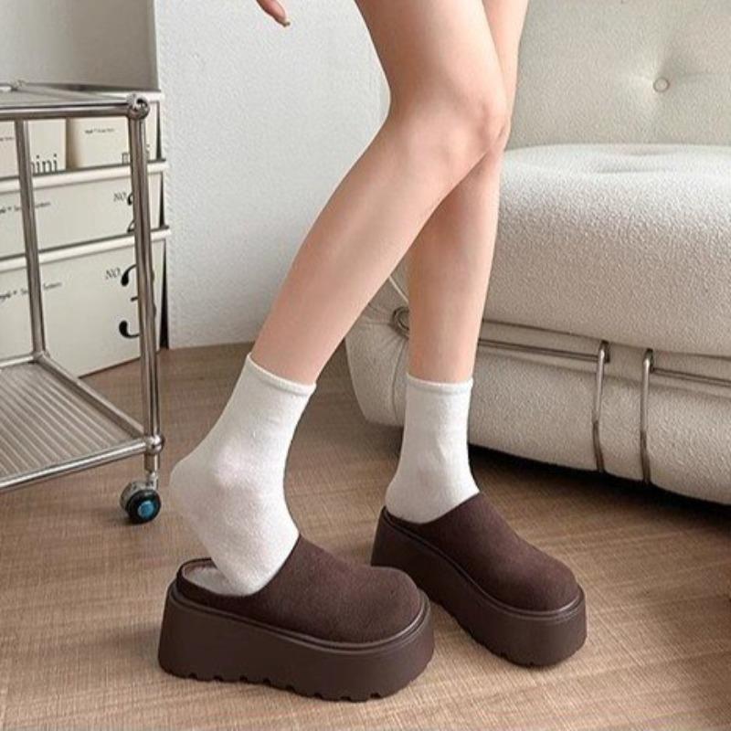 Модные женские теплые хлопковые мюли, ретро тапочки на толстой подошве и высоком каблуке, слипоны с закрытым носком, удобные уличные тапочки для ленивого отдыха