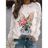 Round Neck 3D Rabbit Printed Top Casual Long Sleeved Women's T-shirts - Soft Medium Stretch Polyester Fabric Spring and Autumn Relaxed Fit Clothing