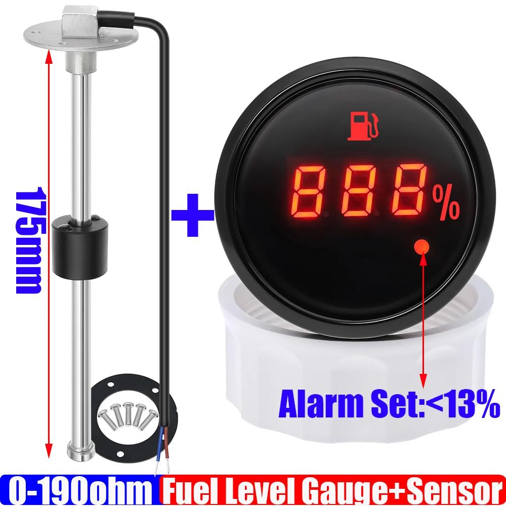 0-190 Ohm 2" 52MM Fuel Level Gauge with Alarm+Stainless Steel Fuel Level Sensor 100-600mm for Gasoline Diesel Boat Car 12V24V