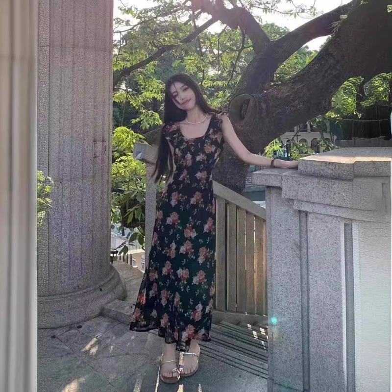 Платье в стиле ретро с цветочным принтом во французском стиле, летнее женское, новое, с рукавами-крылышками, обтягивающее, с талией, длинное, с посадкой по фигуре