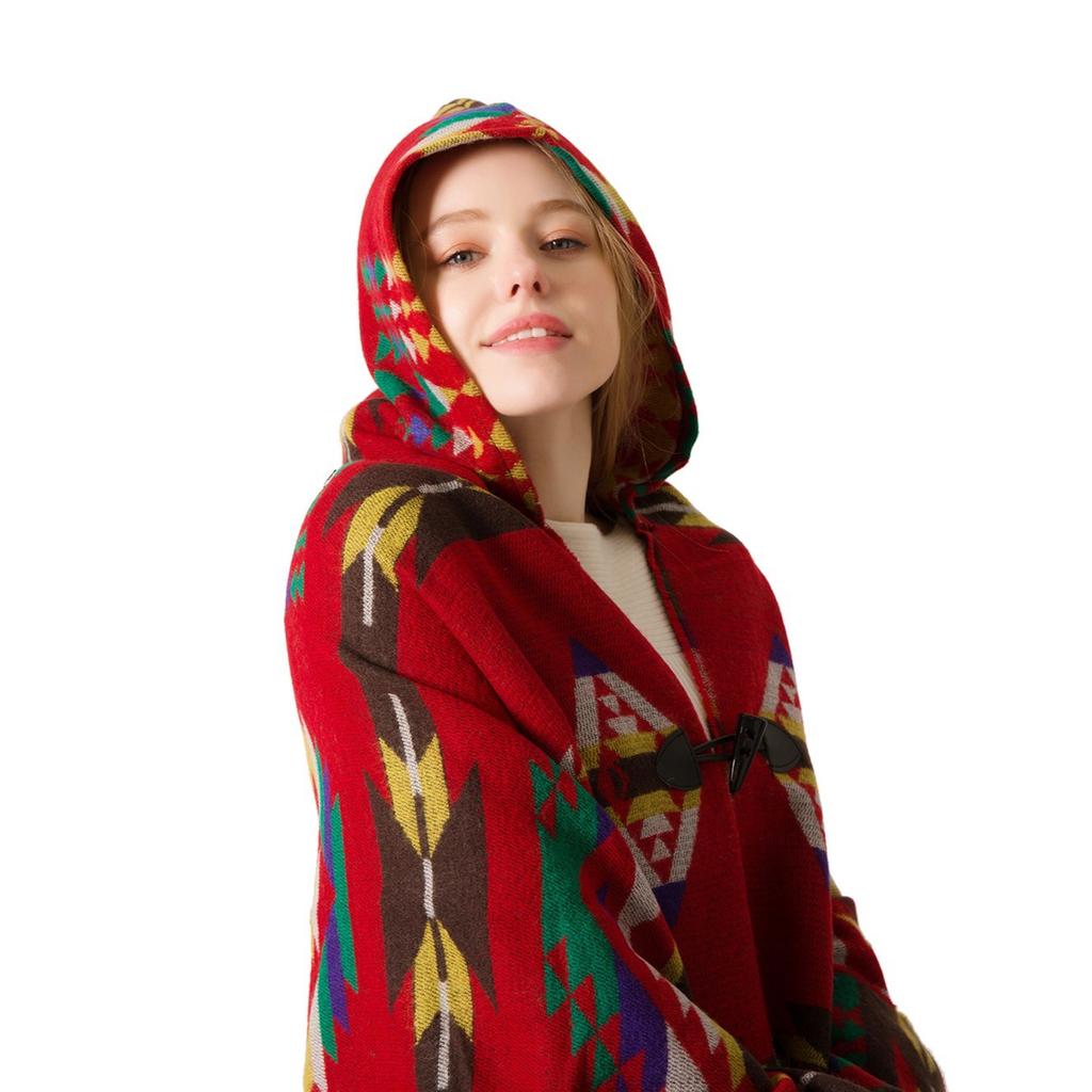 Women's Fashion Autumn and Winter Warm Toggle Closure Pashmina Ethnic Style Hooded Cape Bohemian Style Shawl