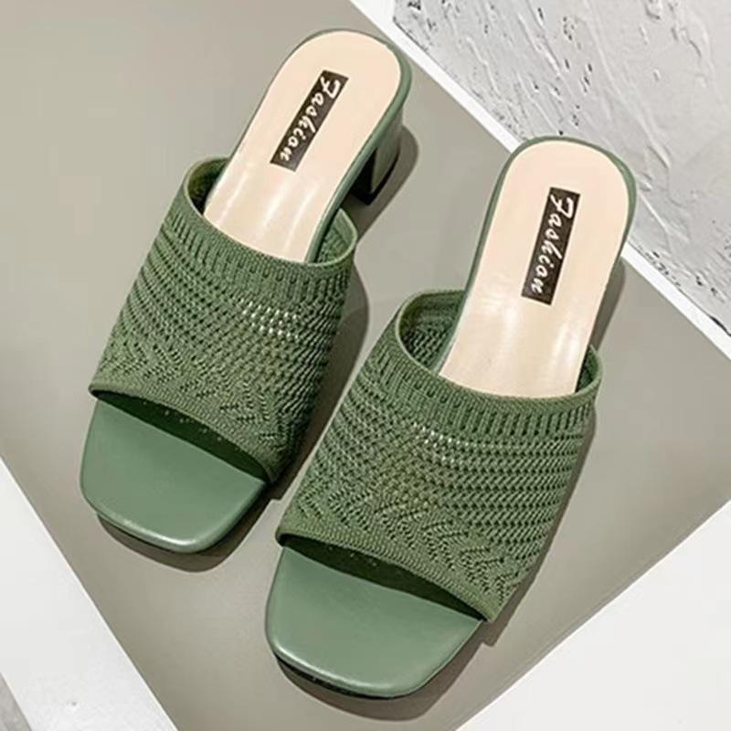 Medium heel cool slippers women's summer new fly-woven outer wear one-word fashion women's cool slippers