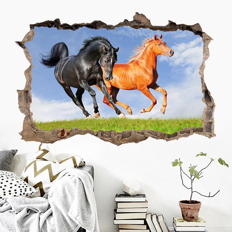 Плакат с животным Искусство дыры в сломанной стене Бегущая прекрасная лошадь Виниловые наклейки-муралы Для гостиной