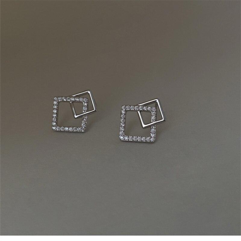 925 Sterling Silver Cubic Zircon Square Bead Charm Stud Earrings For Women Girls Lady Pendientes Jewelley Eh1338