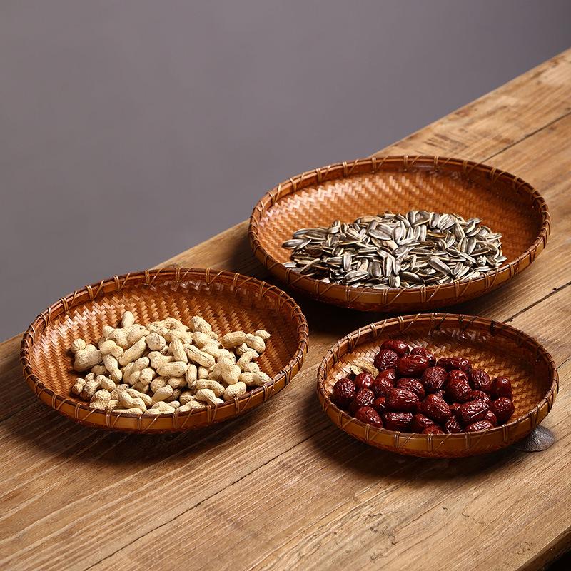 Lacquered Bamboo Woven Basket: Round Retro Fruit, Snack, and Tea Tray