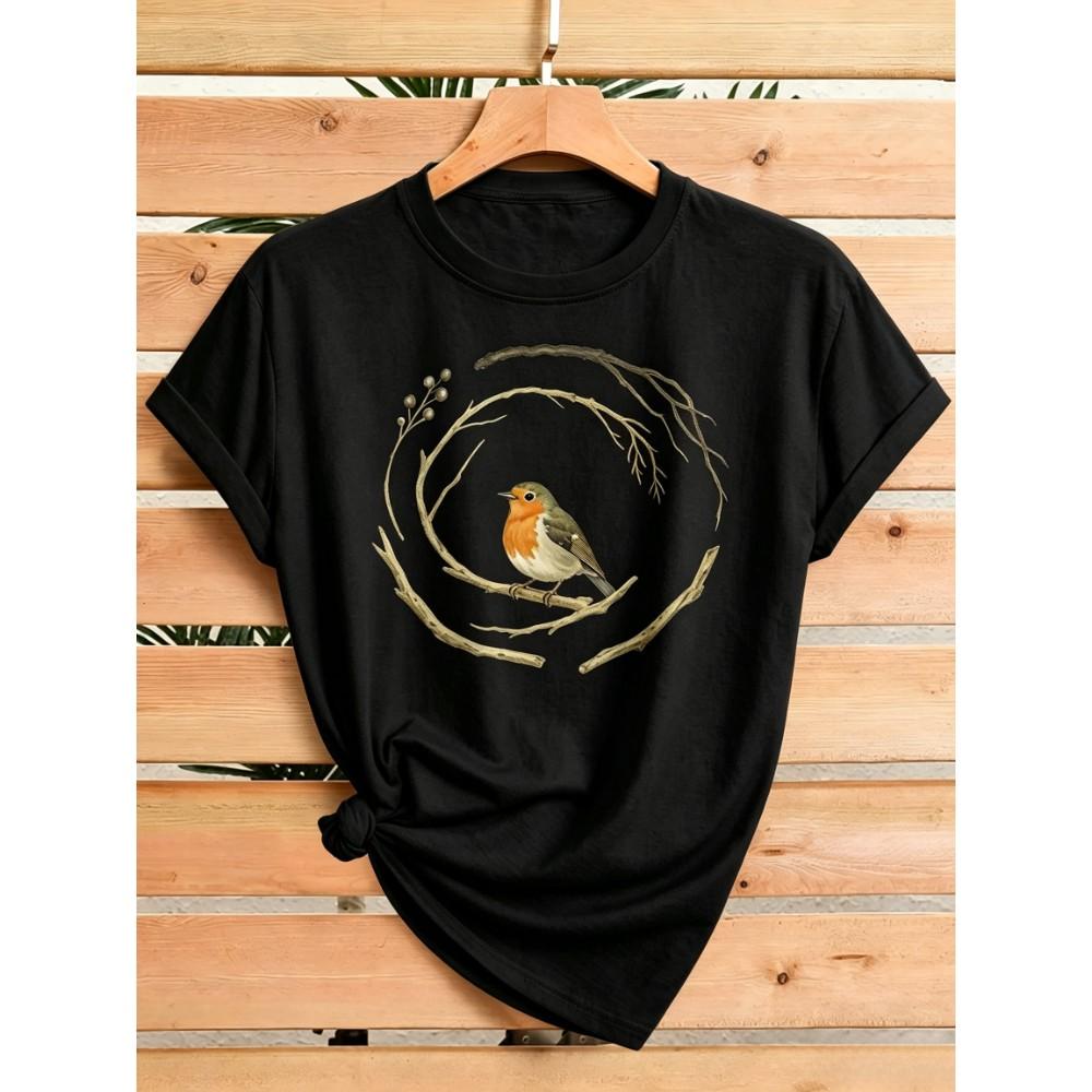 Ladies Crew Neck T Shirt Retro Robin Bird Branch Wreath Graphic Casual Daily Tee