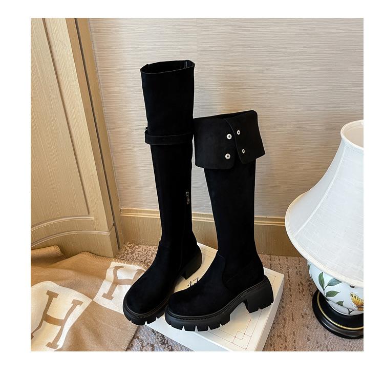 White knee boots 2024 new folded two wear thick heel velvet boots women's tall knight boots