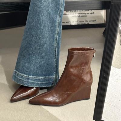 Осень Зима Винтаж Клиновидный каблук Женские ботильоны Мода Острый носок Обувь Женская Вечеринка Стриптизер Короткие ботильоны Zapatos De Muje