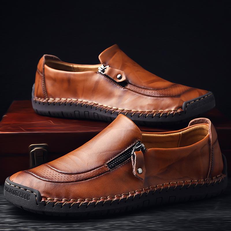 Men's Casual Patchwork Leather Zip Split Round Toe Slip-on Shoes Fashion Antiskid Suture Sole Loafer