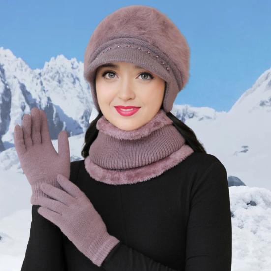 3 шт./комплект для женщин среднего возраста, зимняя шапка, шарф, перчатки, комплект, толстая трикотажная защита ушей