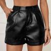 Fashion Women's Diagonal Pockets Casual PU Imitation Leather Shorts High Waist Stretch Shorts