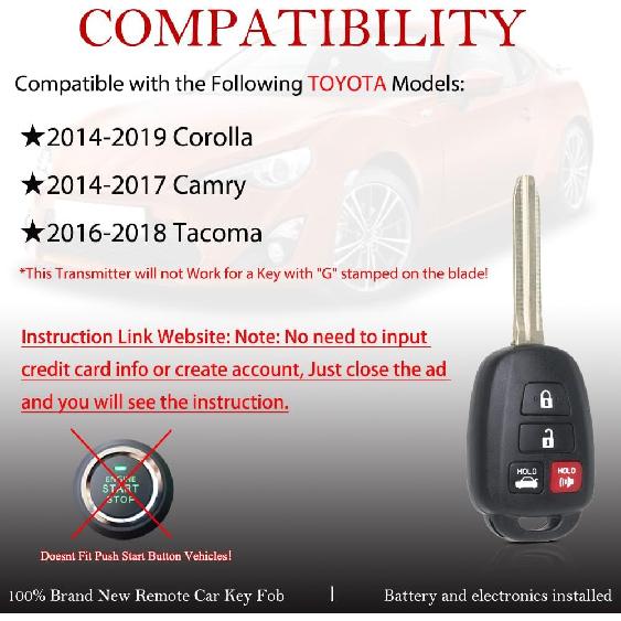 MechanMagic Key Fob Remote Replacement Fits for Toyota Corolla 2014-/Camry 2014-2017/Tacoma 2016-2018 HYQ12BDM Keyless Entry Remote Control HYQ12BEL